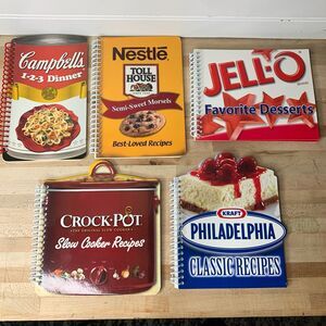 Vintage 5 Name Brand Spiral Cook Books Jello Nestle Campbells Crock Pot Philly